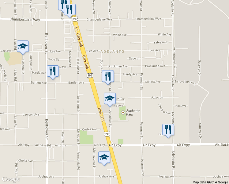 map of restaurants, bars, coffee shops, grocery stores, and more near 18041 Jonathan Street in Adelanto