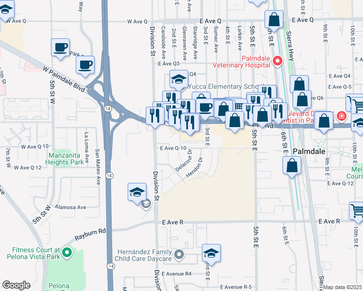 map of restaurants, bars, coffee shops, grocery stores, and more near 227 East Avenue Q10 in Palmdale