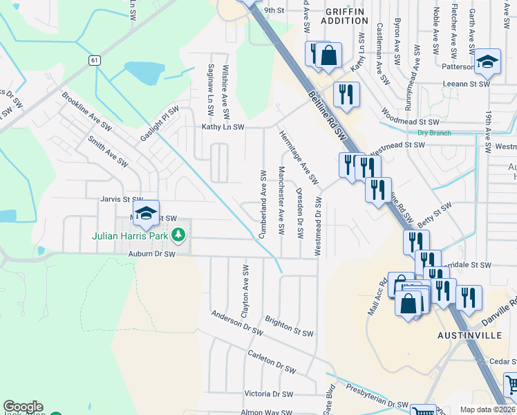 map of restaurants, bars, coffee shops, grocery stores, and more near 2301 Cumberland Place Southwest in Decatur