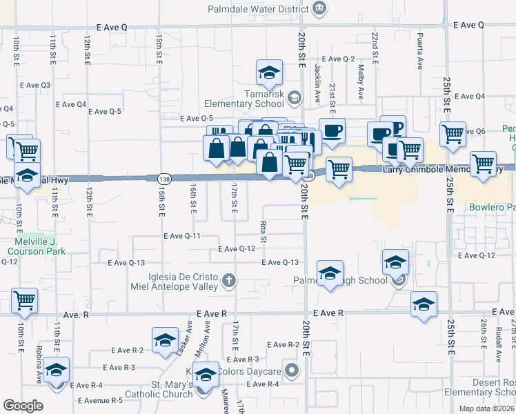 map of restaurants, bars, coffee shops, grocery stores, and more near 38323 Rita Street in Palmdale