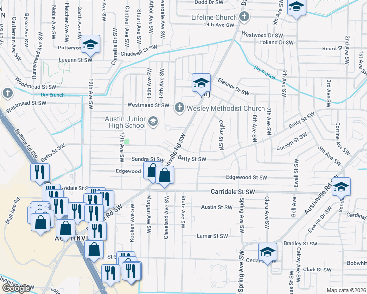 map of restaurants, bars, coffee shops, grocery stores, and more near 1630 Danville Road Southwest in Decatur