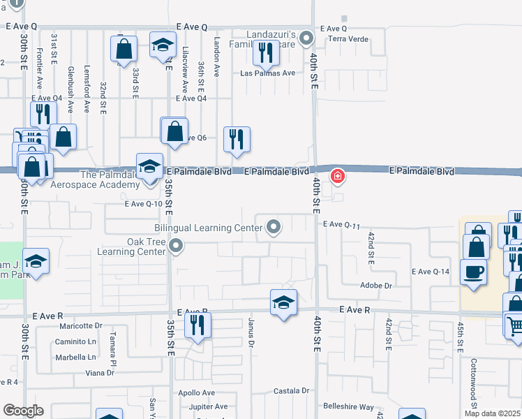map of restaurants, bars, coffee shops, grocery stores, and more near 3723 Prairie Lane in Palmdale