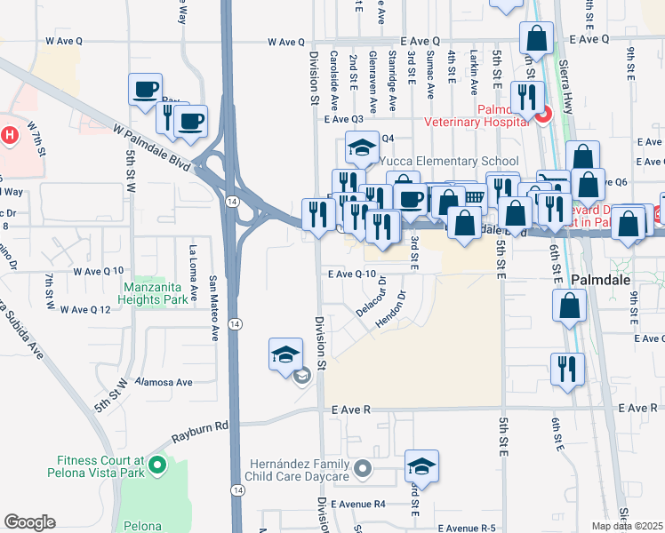 map of restaurants, bars, coffee shops, grocery stores, and more near 38308 Division Street in Palmdale
