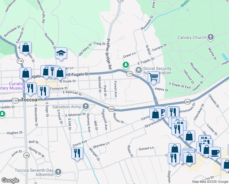 map of restaurants, bars, coffee shops, grocery stores, and more near 110 Forest Avenue in Toccoa