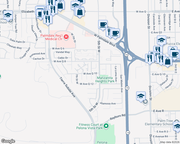 map of restaurants, bars, coffee shops, grocery stores, and more near 38249 Meadow Lane in Palmdale