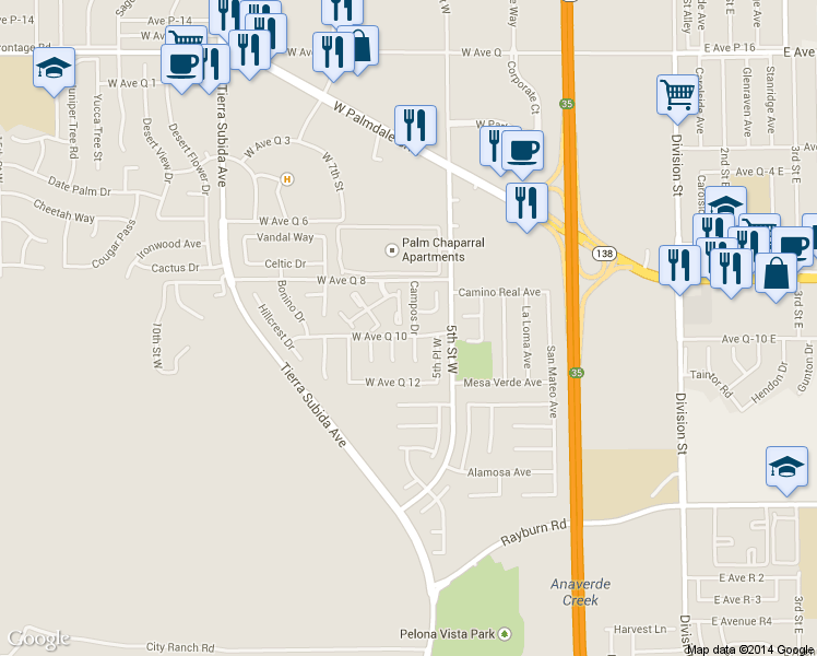 map of restaurants, bars, coffee shops, grocery stores, and more near 547 West Avenue Q 10 in Palmdale