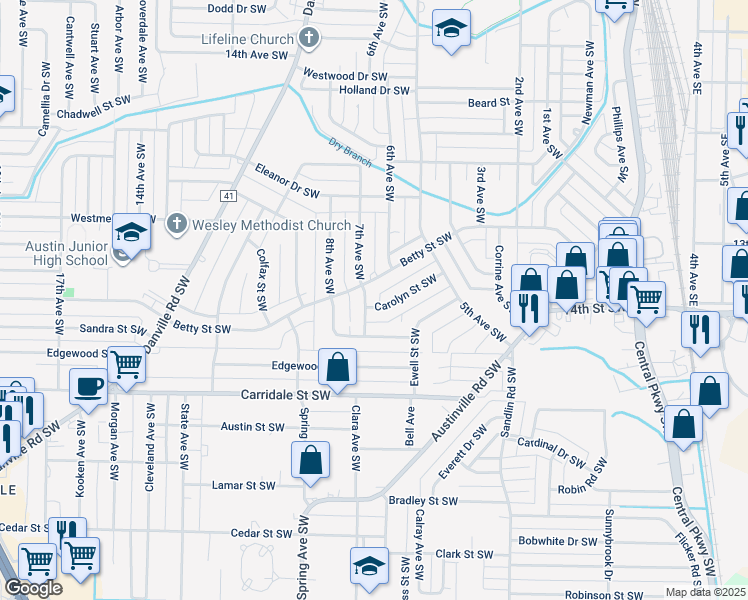 map of restaurants, bars, coffee shops, grocery stores, and more near 518 Carolyn Street Southwest in Decatur