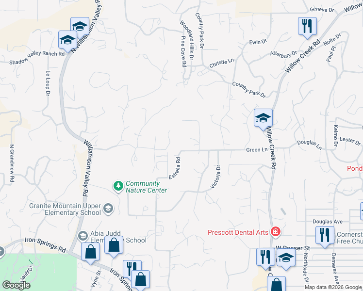 map of restaurants, bars, coffee shops, grocery stores, and more near 2037 Estrella Road in Prescott