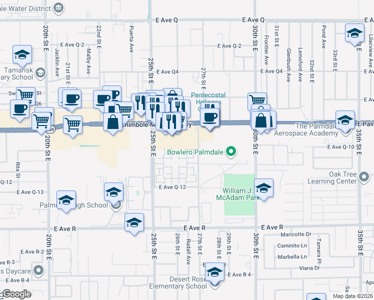 map of restaurants, bars, coffee shops, grocery stores, and more near 2649 Torres Court in Palmdale