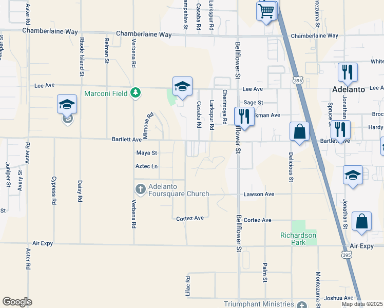 map of restaurants, bars, coffee shops, grocery stores, and more near 11137 Bartlett Avenue in Adelanto