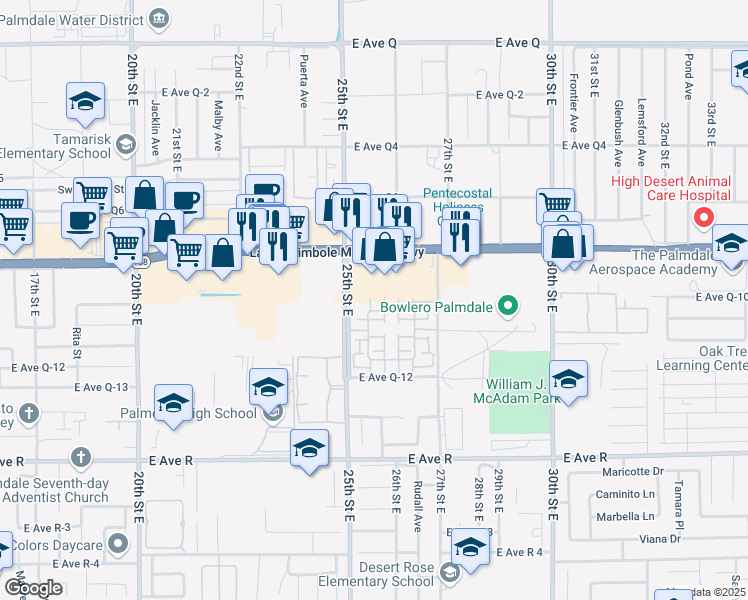 map of restaurants, bars, coffee shops, grocery stores, and more near 38270 Cuvee Court in Palmdale