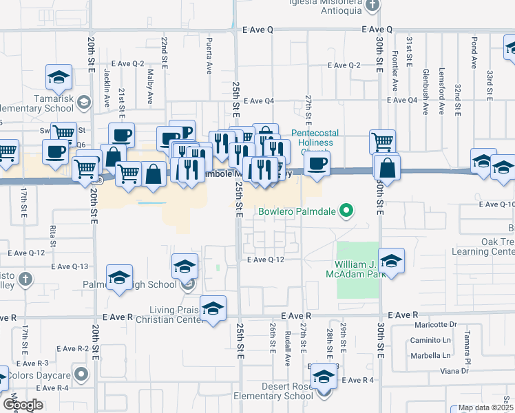 map of restaurants, bars, coffee shops, grocery stores, and more near 38270 Cuvee Court in Palmdale