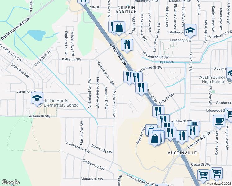 map of restaurants, bars, coffee shops, grocery stores, and more near 2208 Westmead Drive Southwest in Decatur