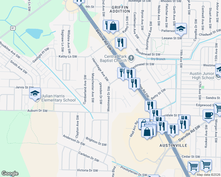 map of restaurants, bars, coffee shops, grocery stores, and more near 2208 Westmead Drive Southwest in Decatur