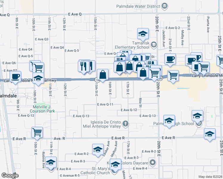 map of restaurants, bars, coffee shops, grocery stores, and more near 38338 16th Street East in Palmdale