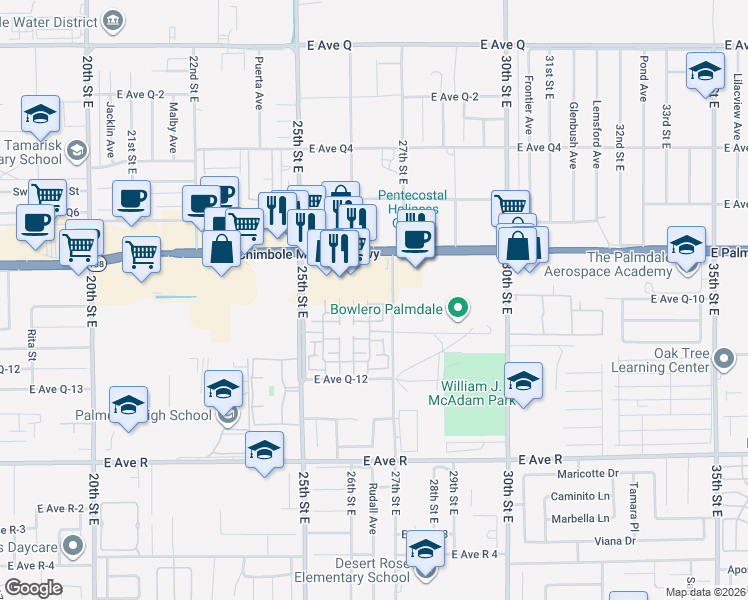 map of restaurants, bars, coffee shops, grocery stores, and more near 2649 Torres Court in Palmdale