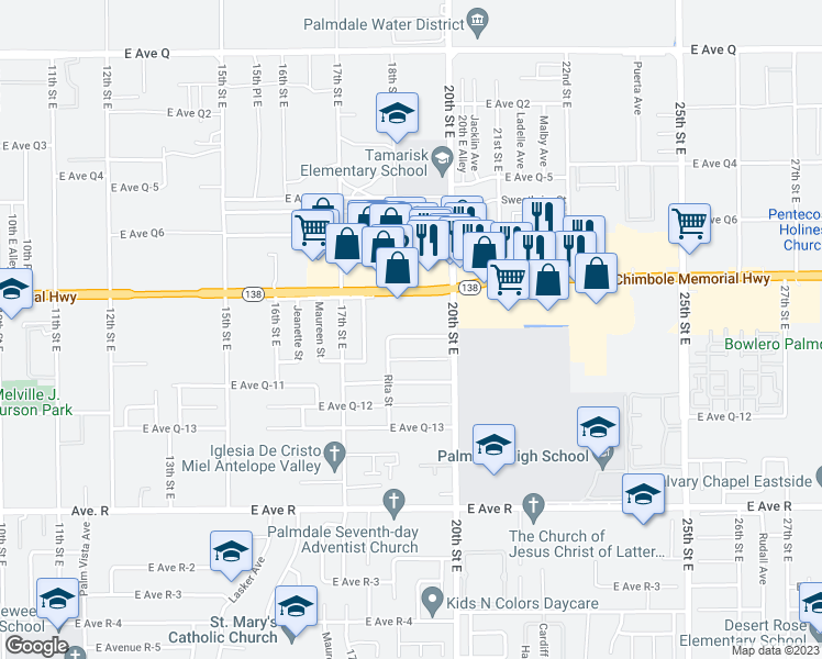 map of restaurants, bars, coffee shops, grocery stores, and more near 1829 East Avenue Q9 in Palmdale