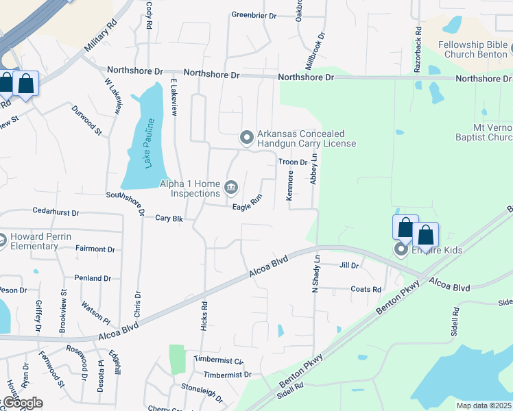 map of restaurants, bars, coffee shops, grocery stores, and more near 2722 Westbury Drive in Benton