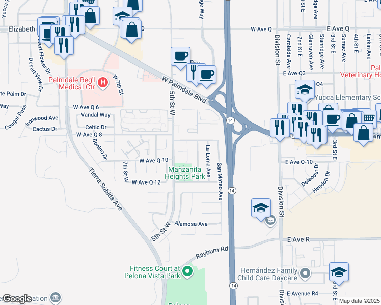 map of restaurants, bars, coffee shops, grocery stores, and more near 38318 Miramonte Avenue in Palmdale