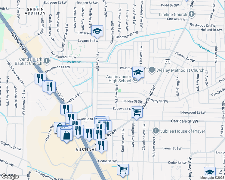 map of restaurants, bars, coffee shops, grocery stores, and more near 1701 Betty Street Southwest in Decatur