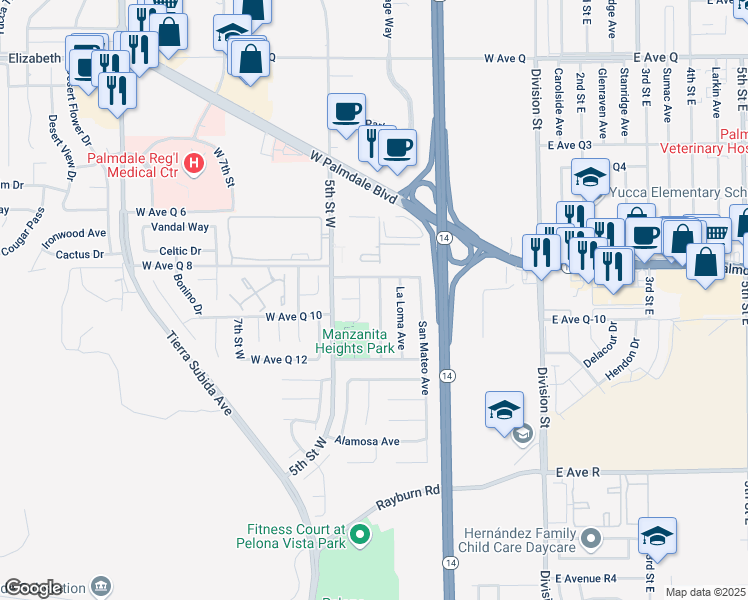 map of restaurants, bars, coffee shops, grocery stores, and more near 38254 Miramonte Avenue in Palmdale