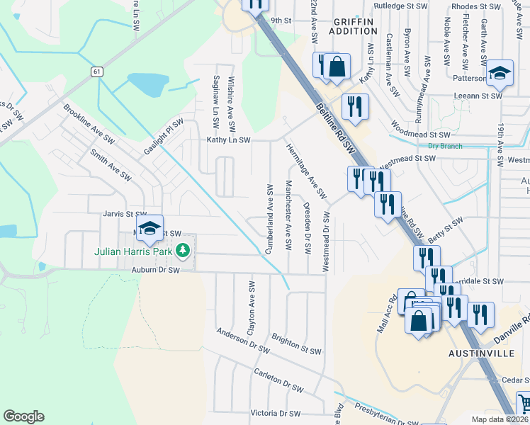 map of restaurants, bars, coffee shops, grocery stores, and more near 2301 Cumberland Place Southwest in Decatur