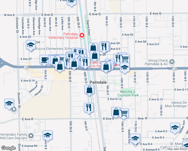 map of restaurants, bars, coffee shops, grocery stores, and more near Sierra Highway in Palmdale