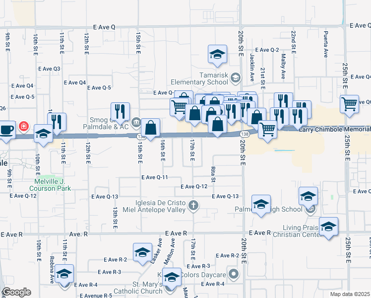 map of restaurants, bars, coffee shops, grocery stores, and more near 38350 Maureen Street in Palmdale