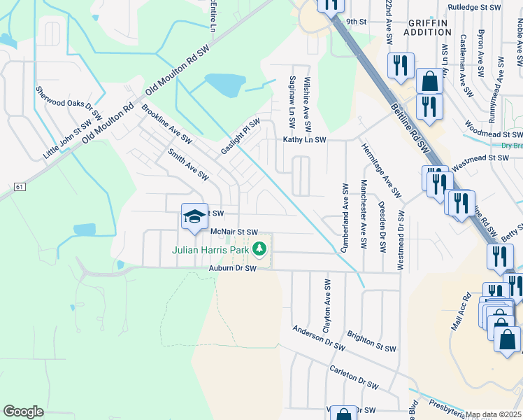 map of restaurants, bars, coffee shops, grocery stores, and more near 2414 Jarvis Street Southwest in Decatur