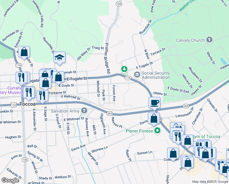 map of restaurants, bars, coffee shops, grocery stores, and more near 110 Forest Avenue in Toccoa