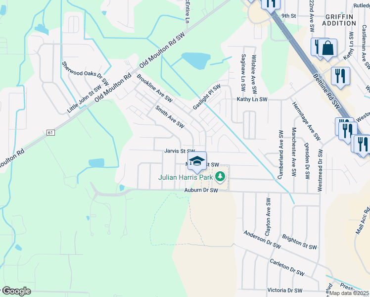 map of restaurants, bars, coffee shops, grocery stores, and more near 2517 Jarvis Street Southwest in Decatur