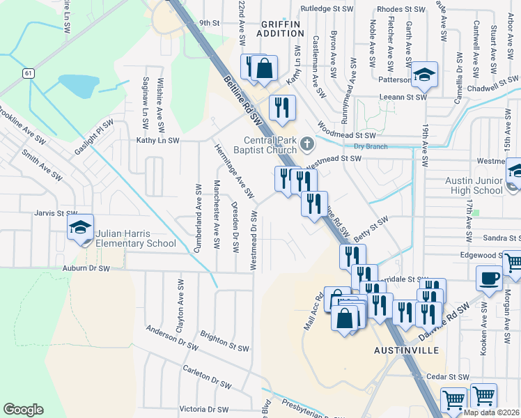 map of restaurants, bars, coffee shops, grocery stores, and more near 2158 Westbury Court Southwest in Decatur