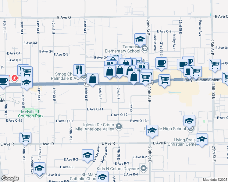 map of restaurants, bars, coffee shops, grocery stores, and more near 38350 Maureen Street in Palmdale