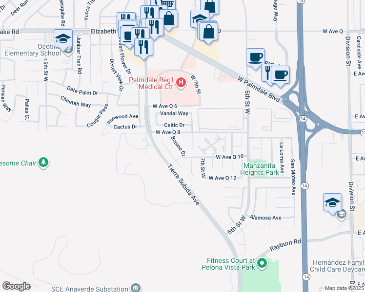 map of restaurants, bars, coffee shops, grocery stores, and more near 38328 Bonino Drive in Palmdale
