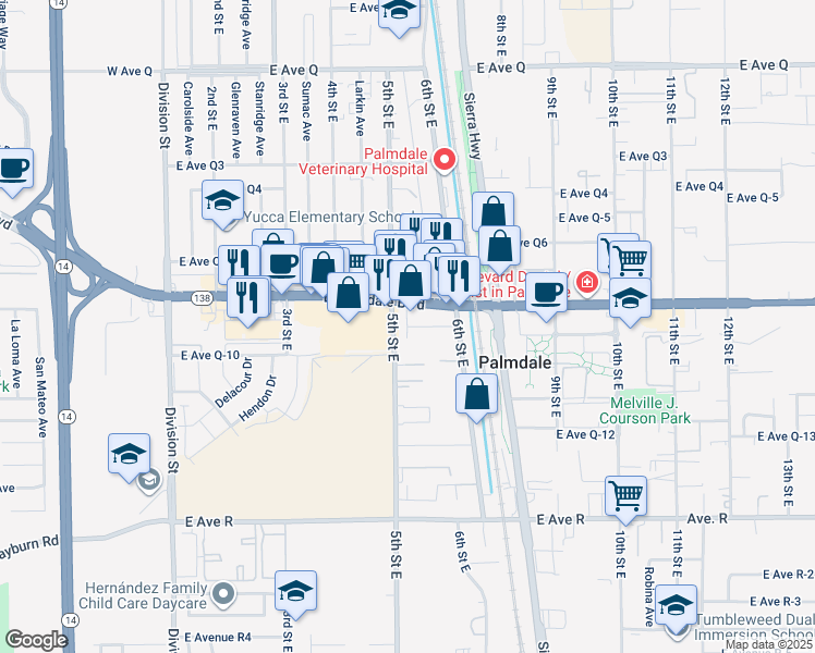 map of restaurants, bars, coffee shops, grocery stores, and more near 5th Place East in Palmdale