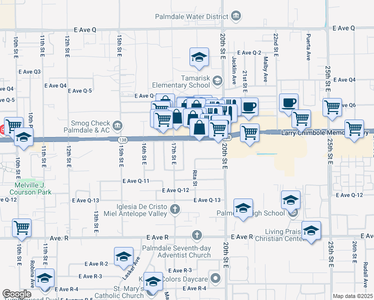 map of restaurants, bars, coffee shops, grocery stores, and more near 38356 Rosemarie Street in Palmdale