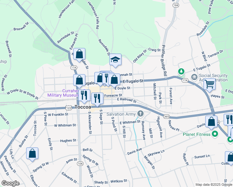 map of restaurants, bars, coffee shops, grocery stores, and more near 219 East Foreacre Street in Toccoa
