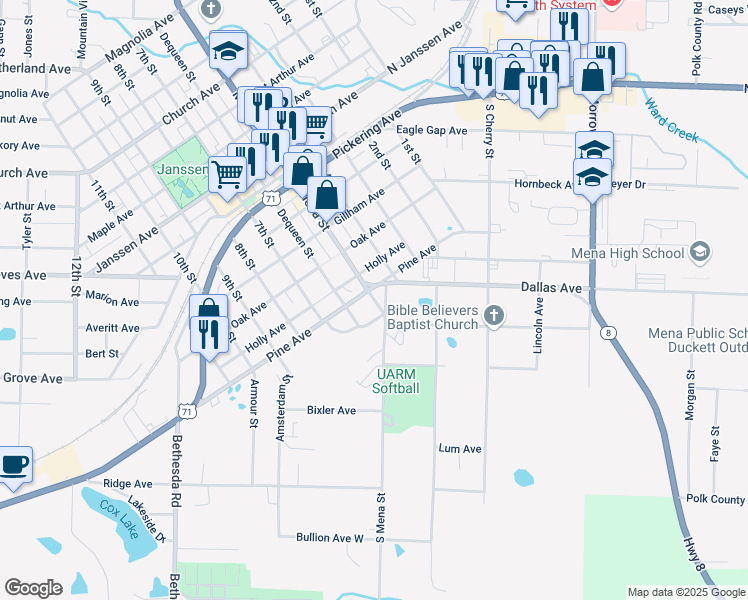 map of restaurants, bars, coffee shops, grocery stores, and more near 1341 Mena Street in Mena