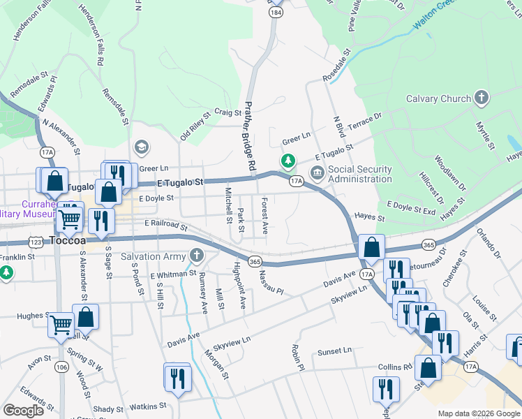 map of restaurants, bars, coffee shops, grocery stores, and more near 113 Forest Avenue in Toccoa