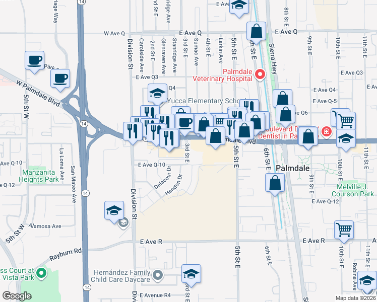 map of restaurants, bars, coffee shops, grocery stores, and more near in Palmdale