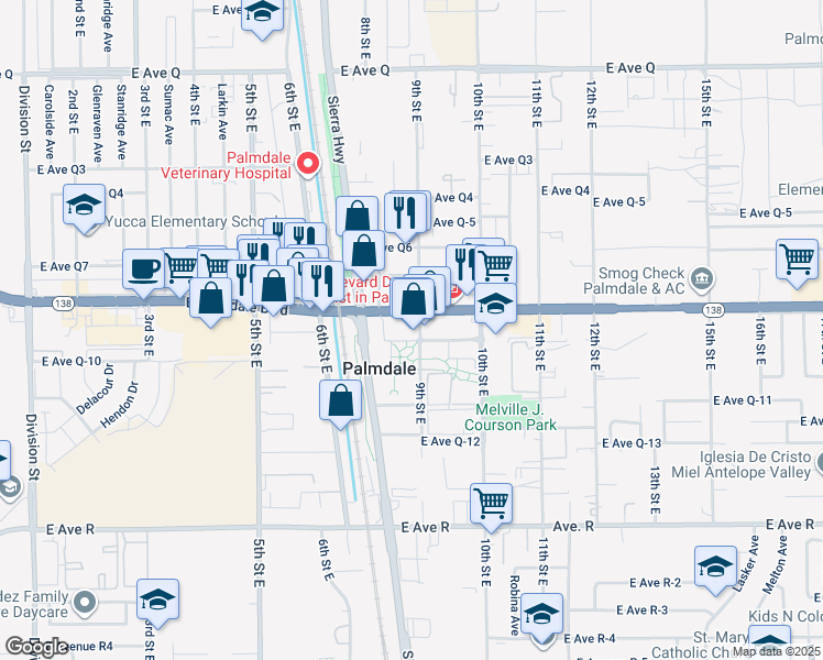 map of restaurants, bars, coffee shops, grocery stores, and more near 838 East Palmdale Boulevard in Palmdale