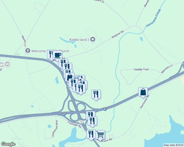 map of restaurants, bars, coffee shops, grocery stores, and more near 300 Welpine Road in Pendleton