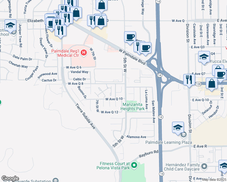 map of restaurants, bars, coffee shops, grocery stores, and more near 38331 Campos Drive in Palmdale