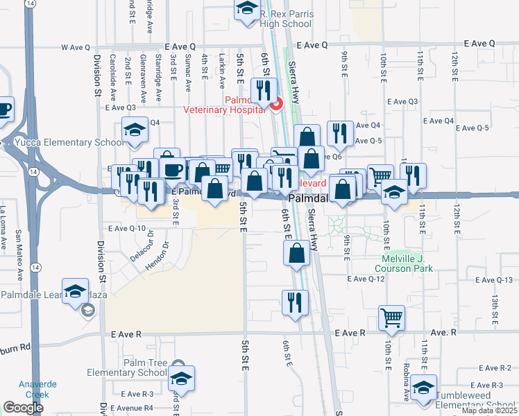 map of restaurants, bars, coffee shops, grocery stores, and more near 5th Place East in Palmdale