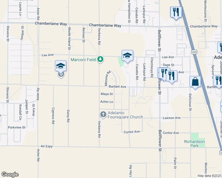 map of restaurants, bars, coffee shops, grocery stores, and more near 10917 Bartlett Avenue in Adelanto