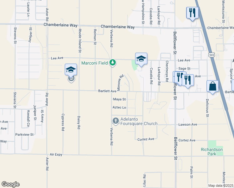 map of restaurants, bars, coffee shops, grocery stores, and more near 10907 Bartlett Avenue in Adelanto