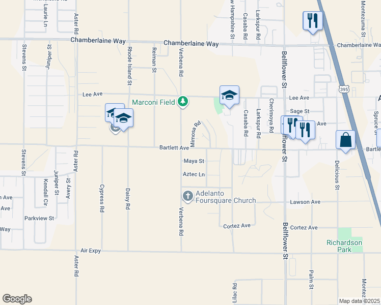 map of restaurants, bars, coffee shops, grocery stores, and more near 10907 Bartlett Avenue in Adelanto