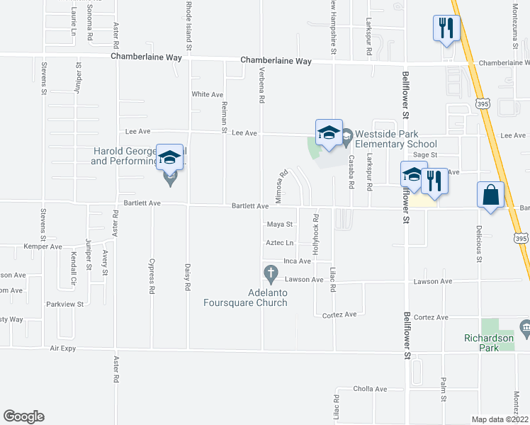 map of restaurants, bars, coffee shops, grocery stores, and more near 10901 Verbena Road in Adelanto