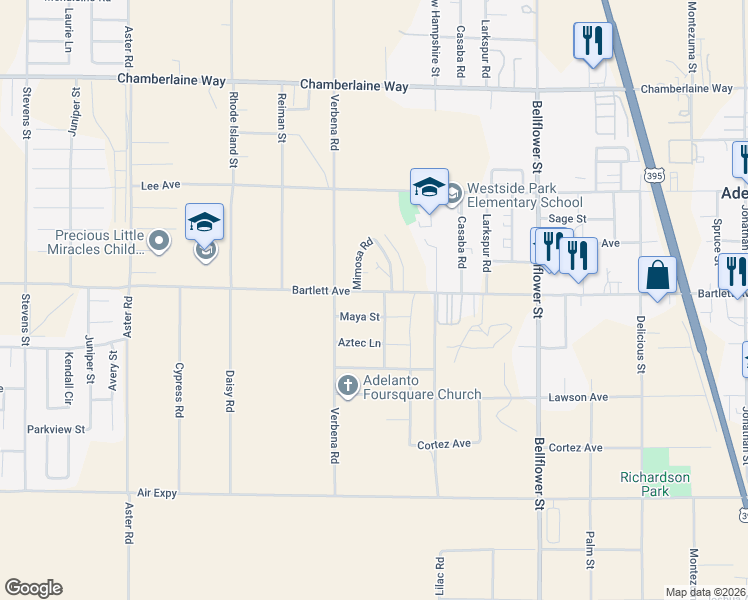 map of restaurants, bars, coffee shops, grocery stores, and more near 10917 Bartlett Avenue in Adelanto