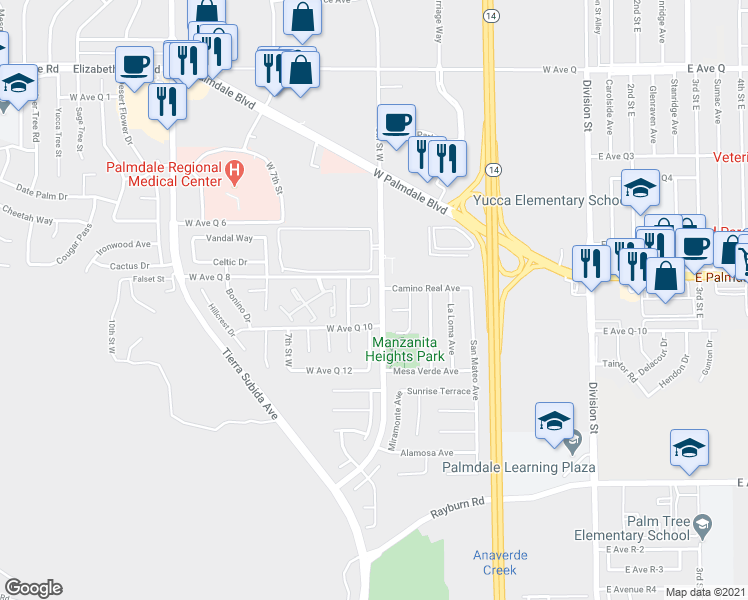 map of restaurants, bars, coffee shops, grocery stores, and more near 38326 5th Place West in Palmdale